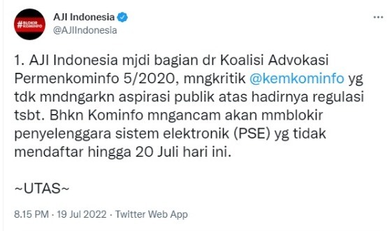 Thread AJI Indonesia terkait Permenkominfo Nomor 5 Tahun 2020